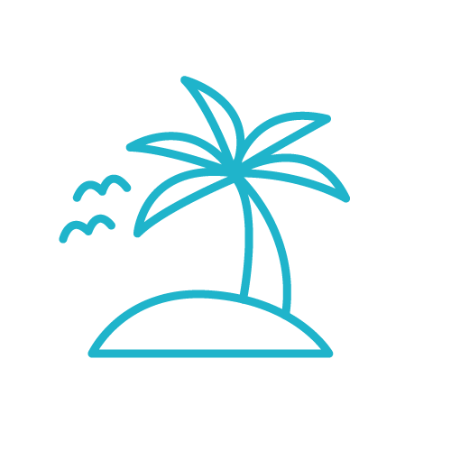 a blue island icon with two birds and a palm tree