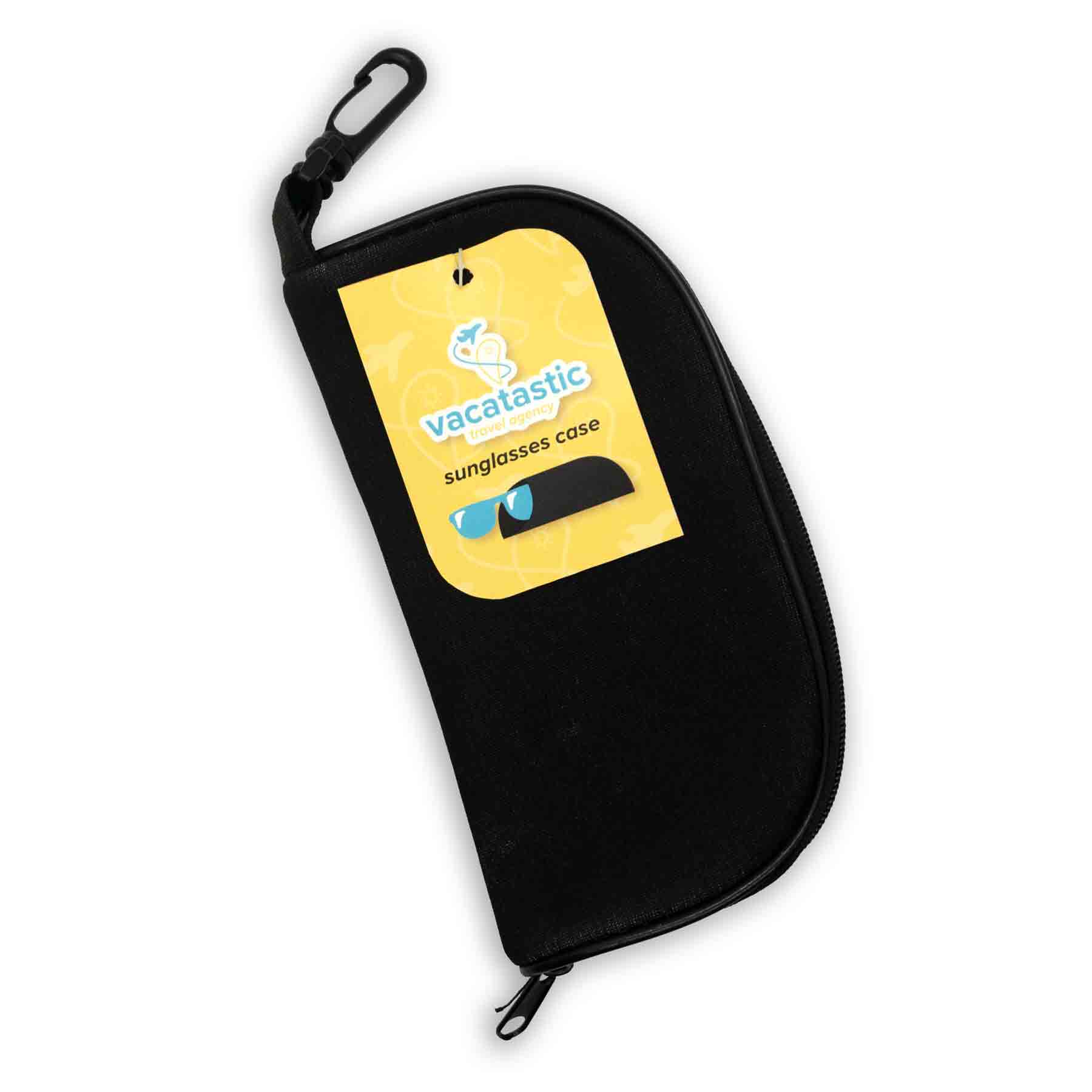 black sunglasses case with a yellow vacatastic tag
